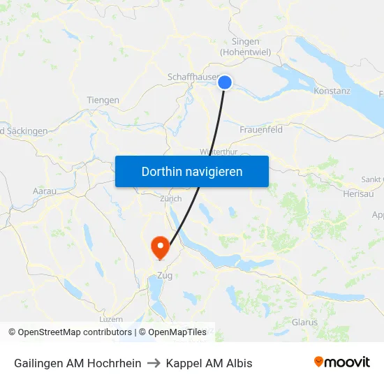 Gailingen AM Hochrhein to Kappel AM Albis map