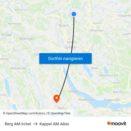 Berg AM Irchel to Kappel AM Albis map