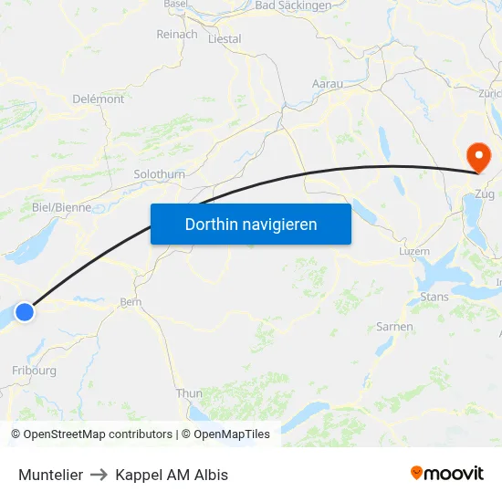 Muntelier to Kappel AM Albis map