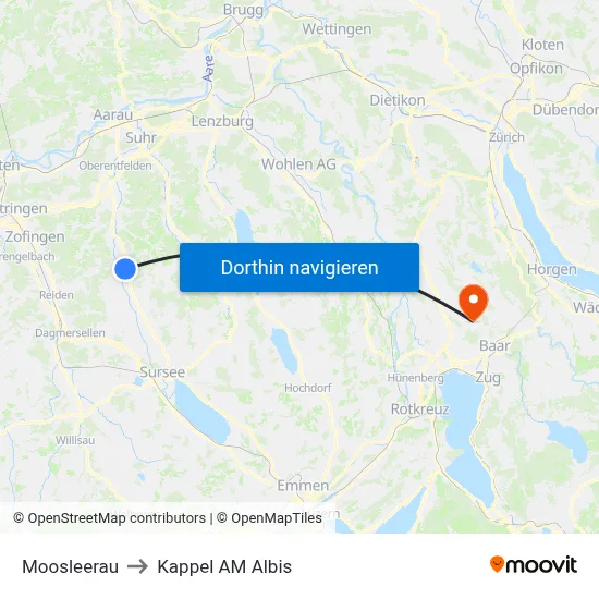 Moosleerau to Kappel AM Albis map