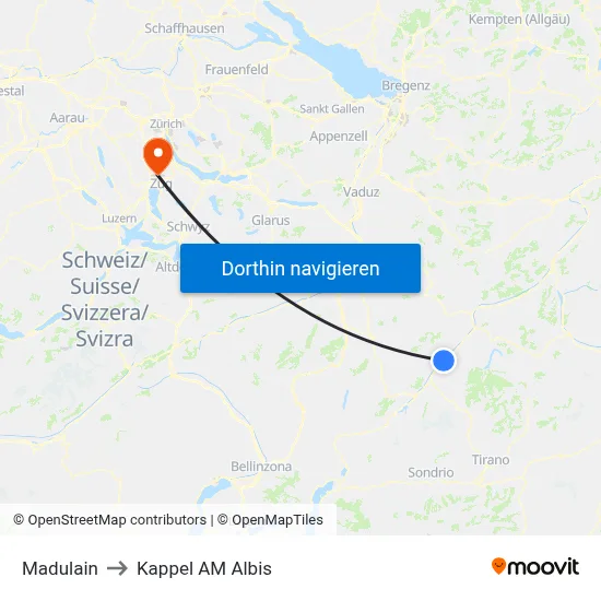 Madulain to Kappel AM Albis map