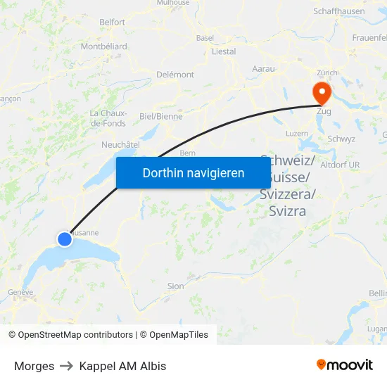 Morges to Kappel AM Albis map