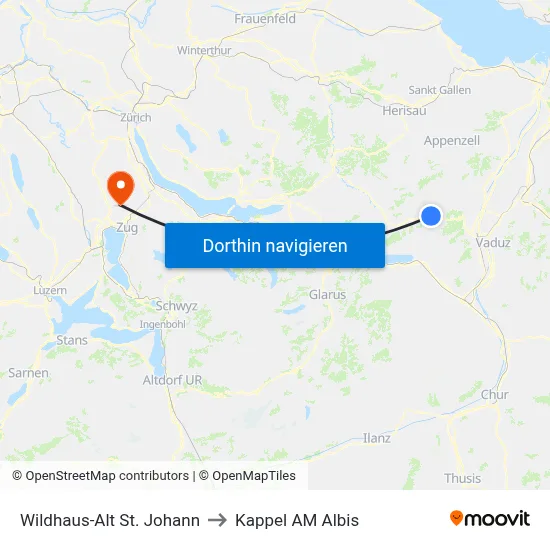 Wildhaus-Alt St. Johann to Kappel AM Albis map