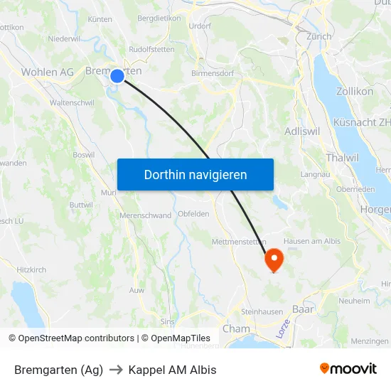 Bremgarten (Ag) to Kappel AM Albis map