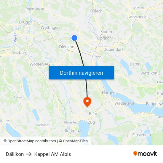 Dällikon to Kappel AM Albis map