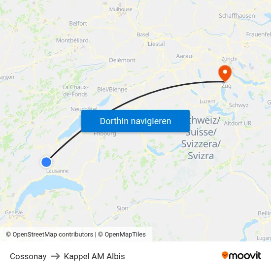 Cossonay to Kappel AM Albis map