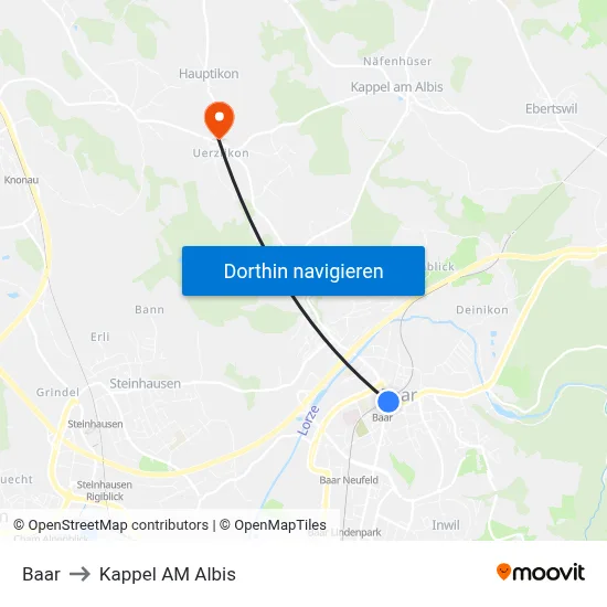 Baar to Kappel AM Albis map