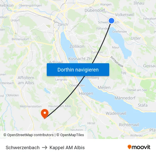 Schwerzenbach to Kappel AM Albis map