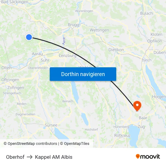 Oberhof to Kappel AM Albis map