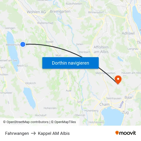 Fahrwangen to Kappel AM Albis map