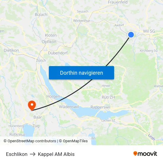 Eschlikon to Kappel AM Albis map