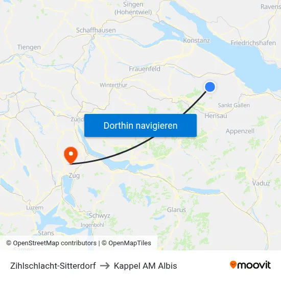 Zihlschlacht-Sitterdorf to Kappel AM Albis map