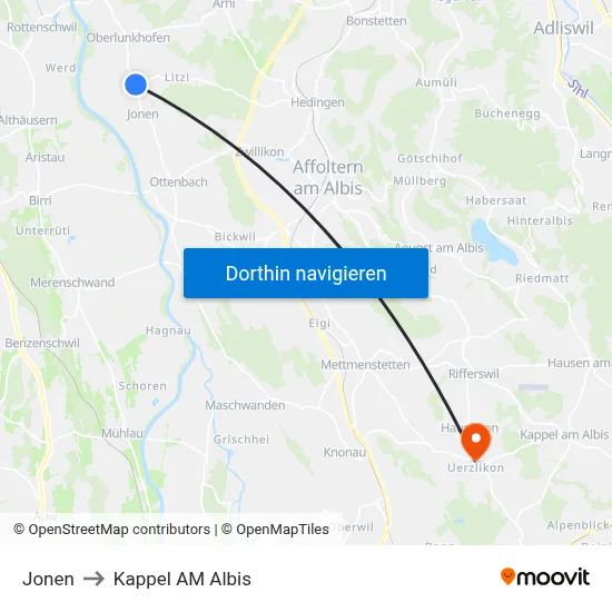 Jonen to Kappel AM Albis map