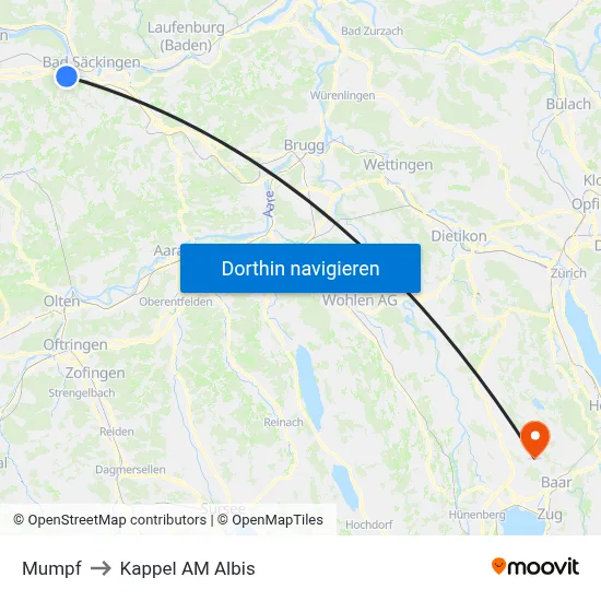 Mumpf to Kappel AM Albis map