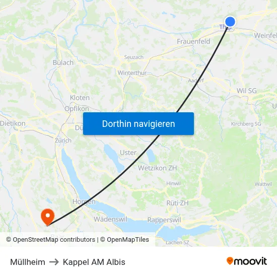 Müllheim to Kappel AM Albis map