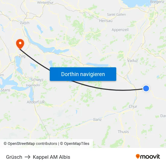 Grüsch to Kappel AM Albis map
