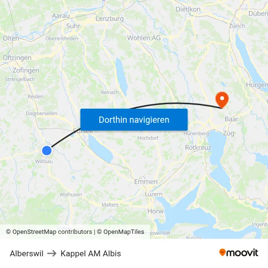 Alberswil to Kappel AM Albis map