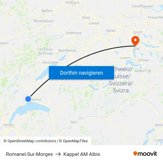 Romanel-Sur-Morges to Kappel AM Albis map