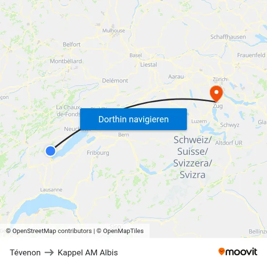 Tévenon to Kappel AM Albis map