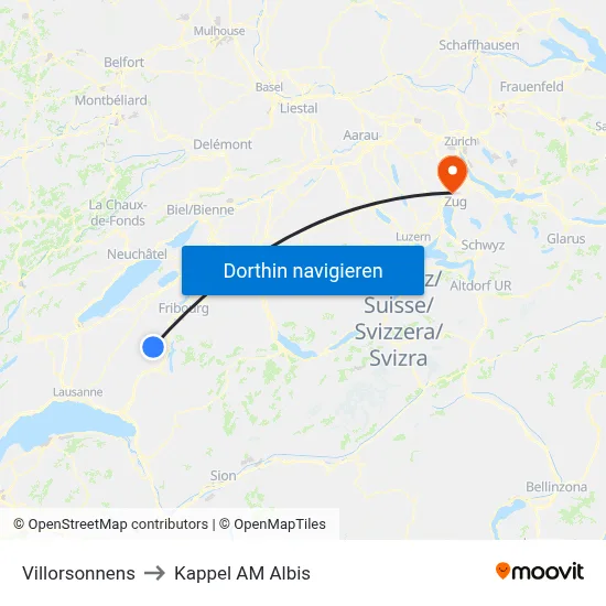 Villorsonnens to Kappel AM Albis map