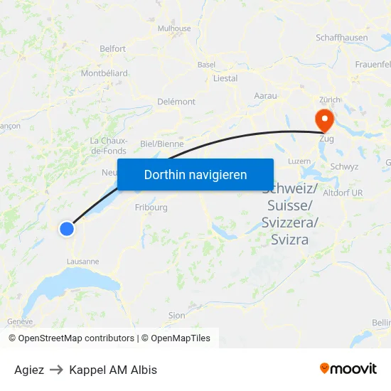 Agiez to Kappel AM Albis map
