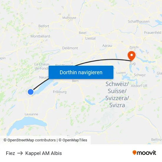 Fiez to Kappel AM Albis map