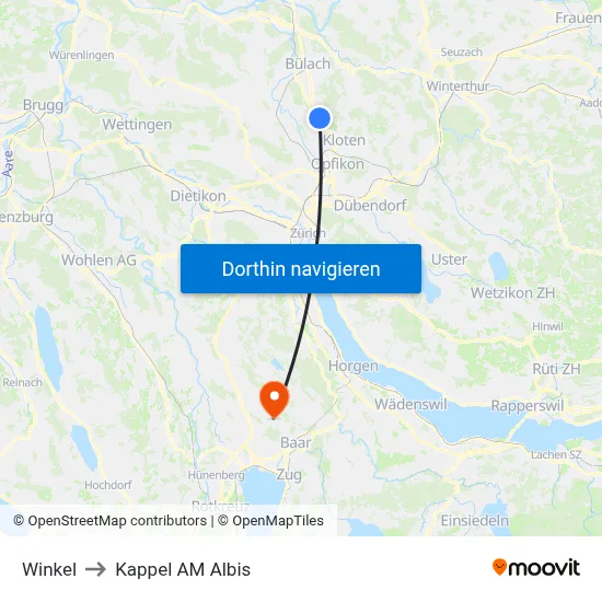 Winkel to Kappel AM Albis map