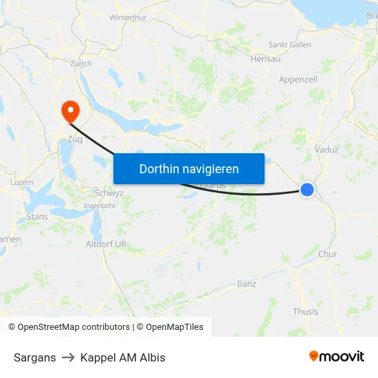 Sargans to Kappel AM Albis map
