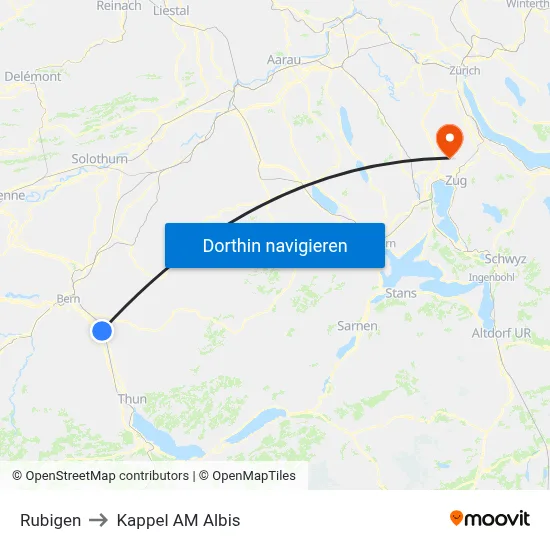 Rubigen to Kappel AM Albis map