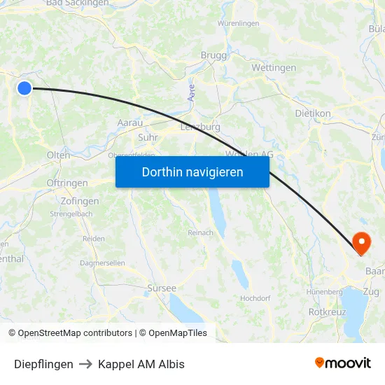 Diepflingen to Kappel AM Albis map