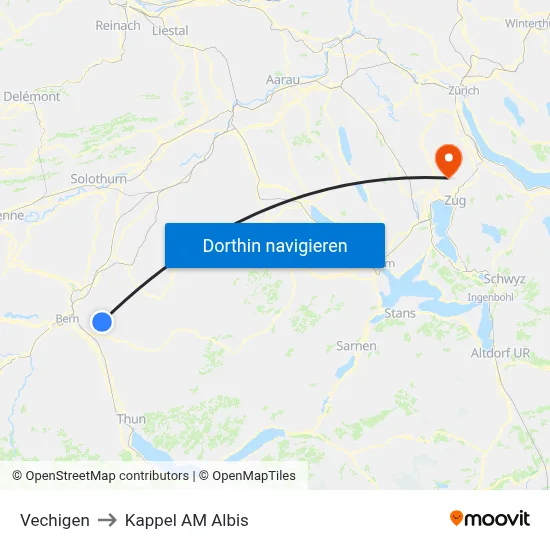 Vechigen to Kappel AM Albis map