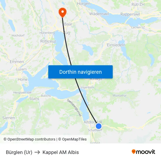 Bürglen (Ur) to Kappel AM Albis map