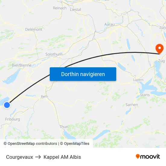 Courgevaux to Kappel AM Albis map