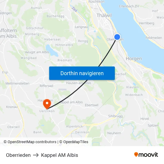 Oberrieden to Kappel AM Albis map