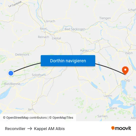 Reconvilier to Kappel AM Albis map