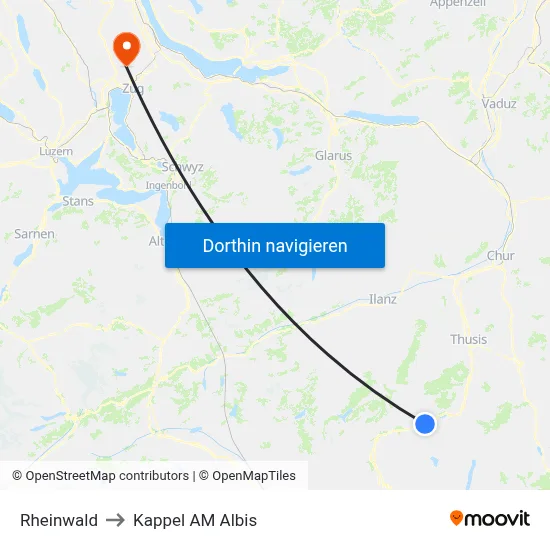 Rheinwald to Kappel AM Albis map