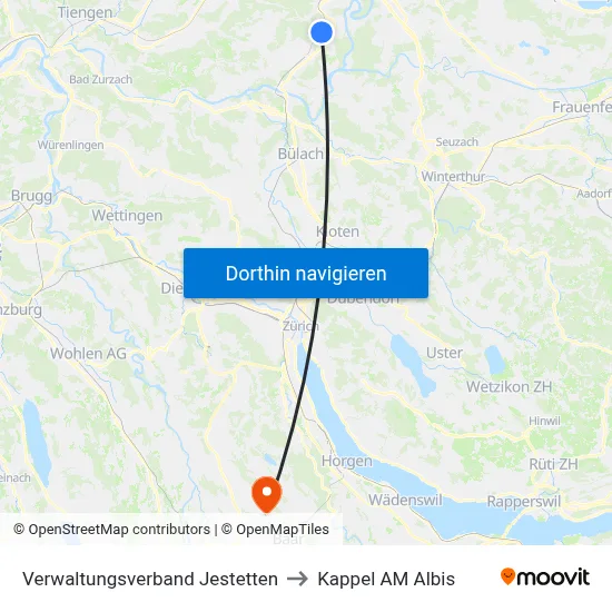 Verwaltungsverband Jestetten to Kappel AM Albis map