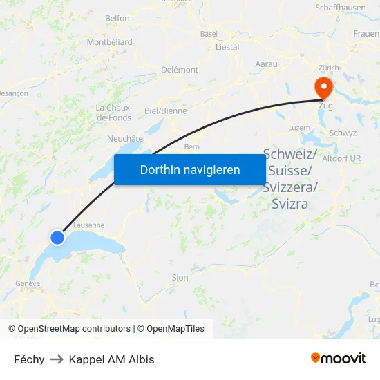 Féchy to Kappel AM Albis map