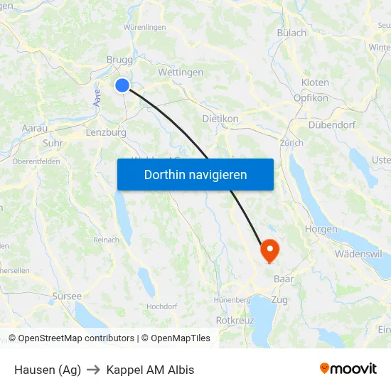 Hausen (Ag) to Kappel AM Albis map