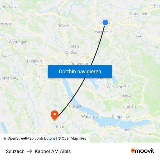 Seuzach to Kappel AM Albis map