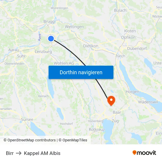 Birr to Kappel AM Albis map