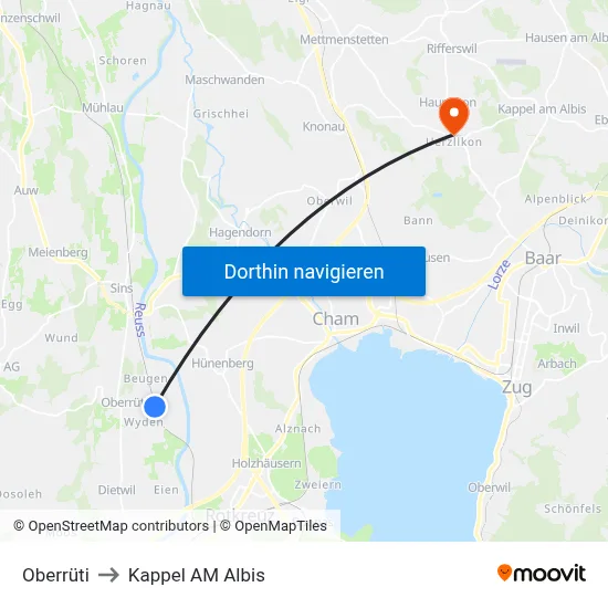 Oberrüti to Kappel AM Albis map