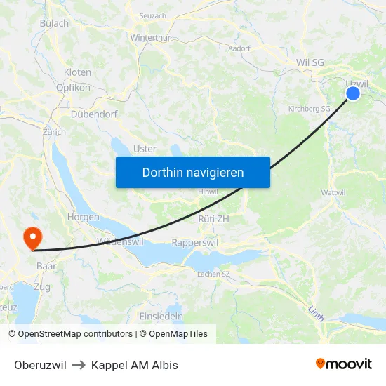 Oberuzwil to Kappel AM Albis map