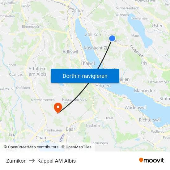 Zumikon to Kappel AM Albis map