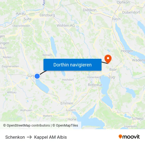 Schenkon to Kappel AM Albis map