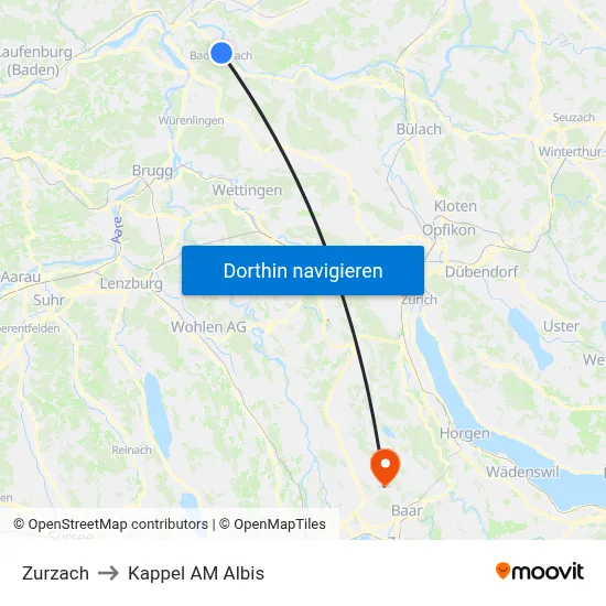 Zurzach to Kappel AM Albis map