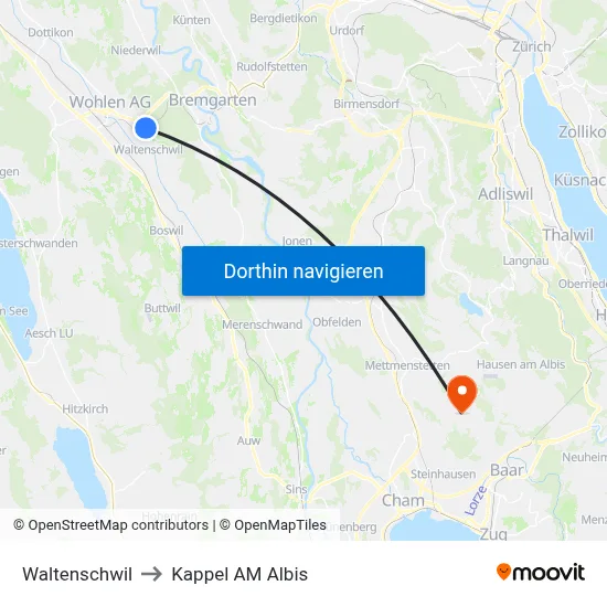 Waltenschwil to Kappel AM Albis map