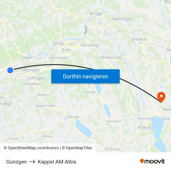Gunzgen to Kappel AM Albis map