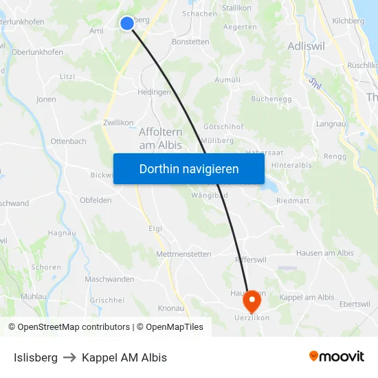 Islisberg to Kappel AM Albis map