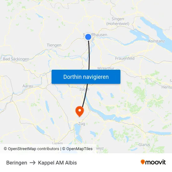 Beringen to Kappel AM Albis map